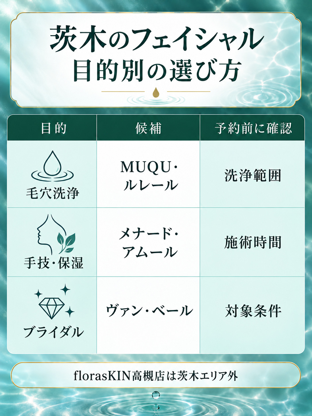 茨木のフェイシャルエステを目的別に選ぶ図解