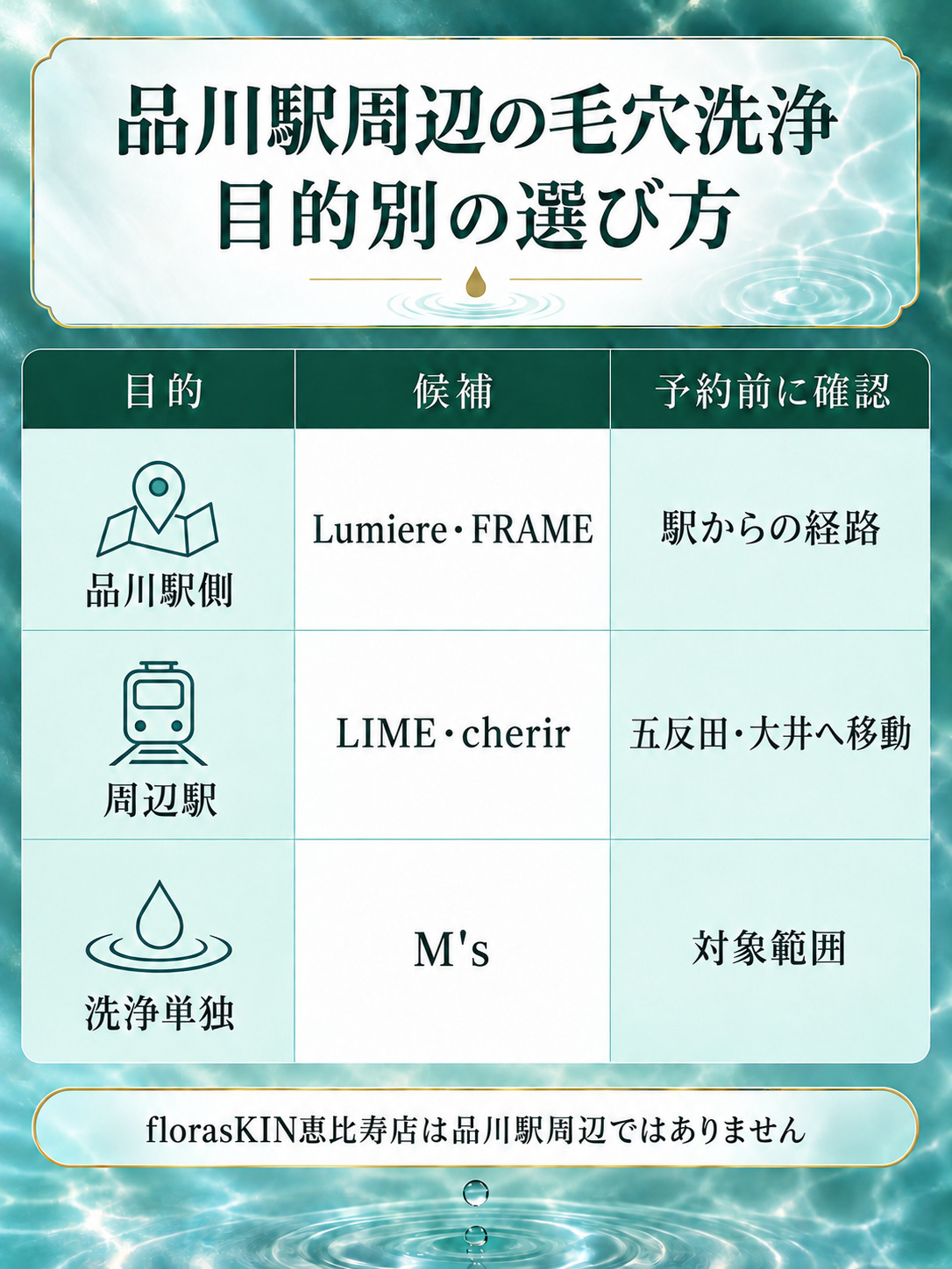 品川駅周辺の毛穴洗浄を目的別に選ぶ図解